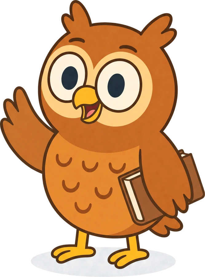 Hoots the owl, visiting from Sprinklehorn & Friends, waving with a book
