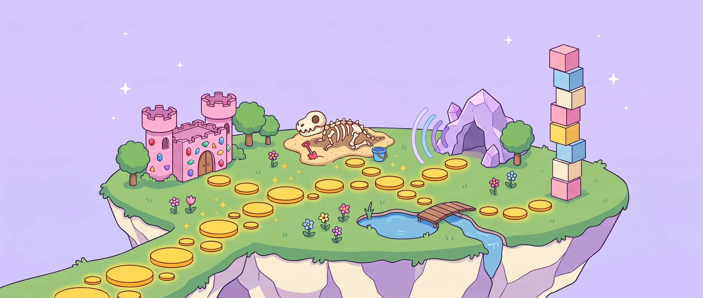 A small island world where a glowing path of stepping stones visits Jewel Castle, Dino Dig, Echo Cave and the Tower of Tens