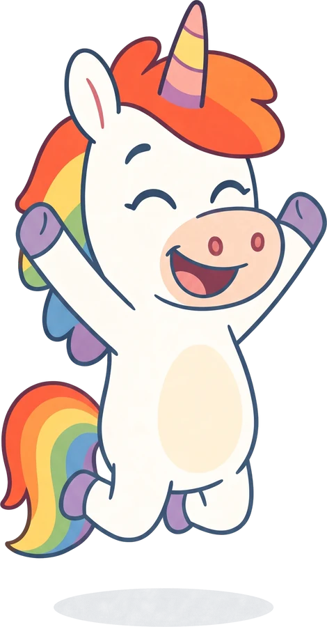 Sprinky the unicorn, visiting from Sprinklehorn & Friends, jumping for joy